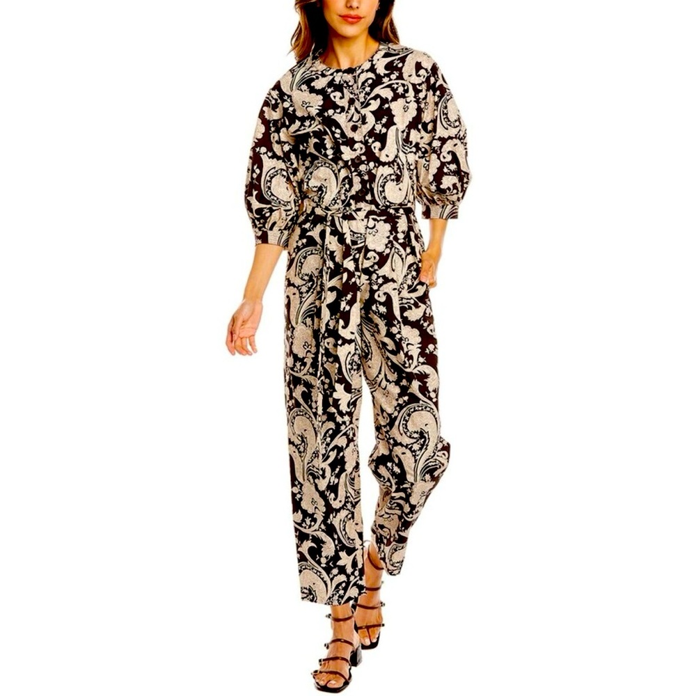 REBECCA TAYLOR Paisley Printed Self-Tie Brown and Cream Jumpsuit